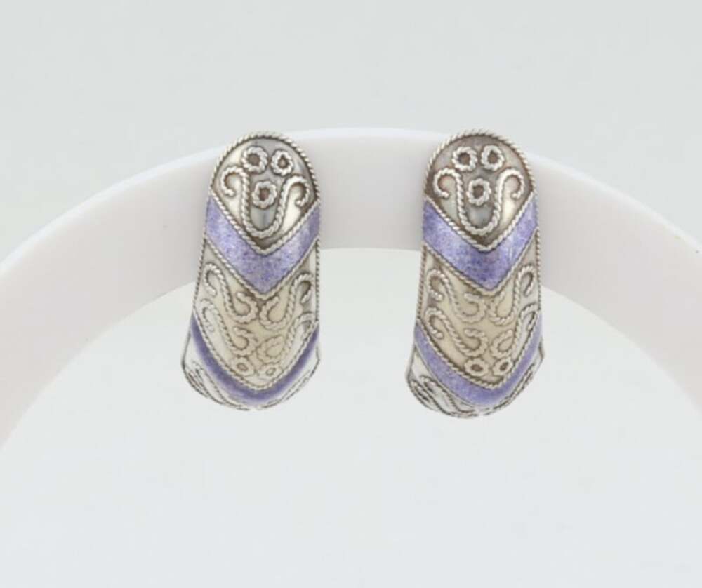 Sterling Silver Purple Enamel Half Hoop Earrings 1" inch Hoops